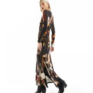 AllSaints Katlyn Mars long sleeve printed maxi dress in rust brown Size 10